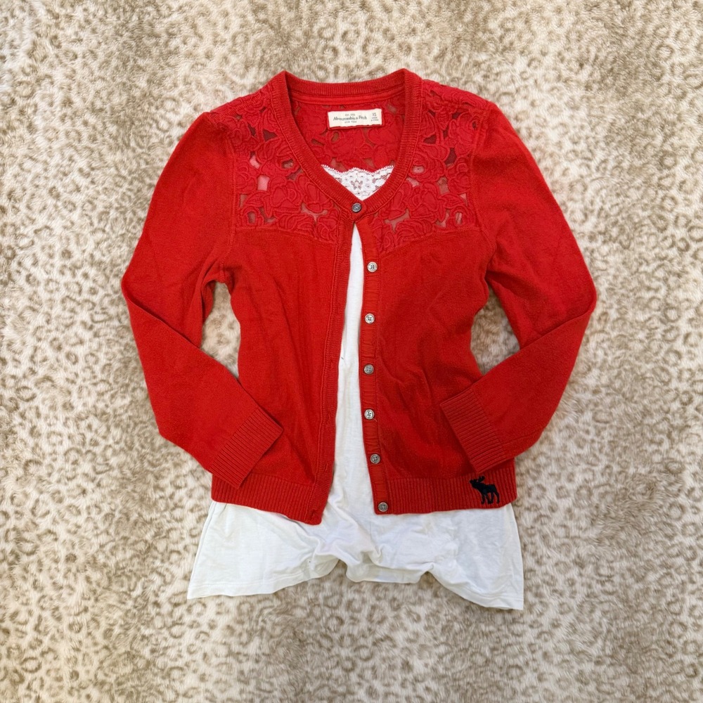 Abercrombie & Fitch Red Lace Yoke Cardigan Sweater Womens XS Coquette Vibe